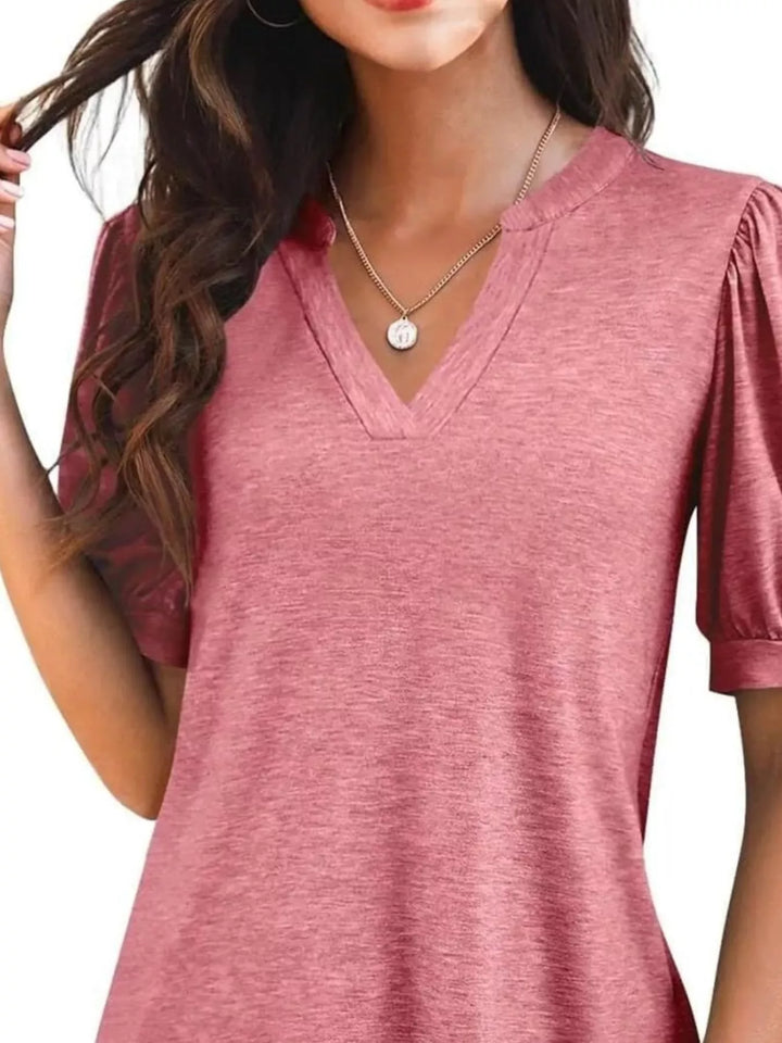 Short puff sleeve notched V-neck casual tee