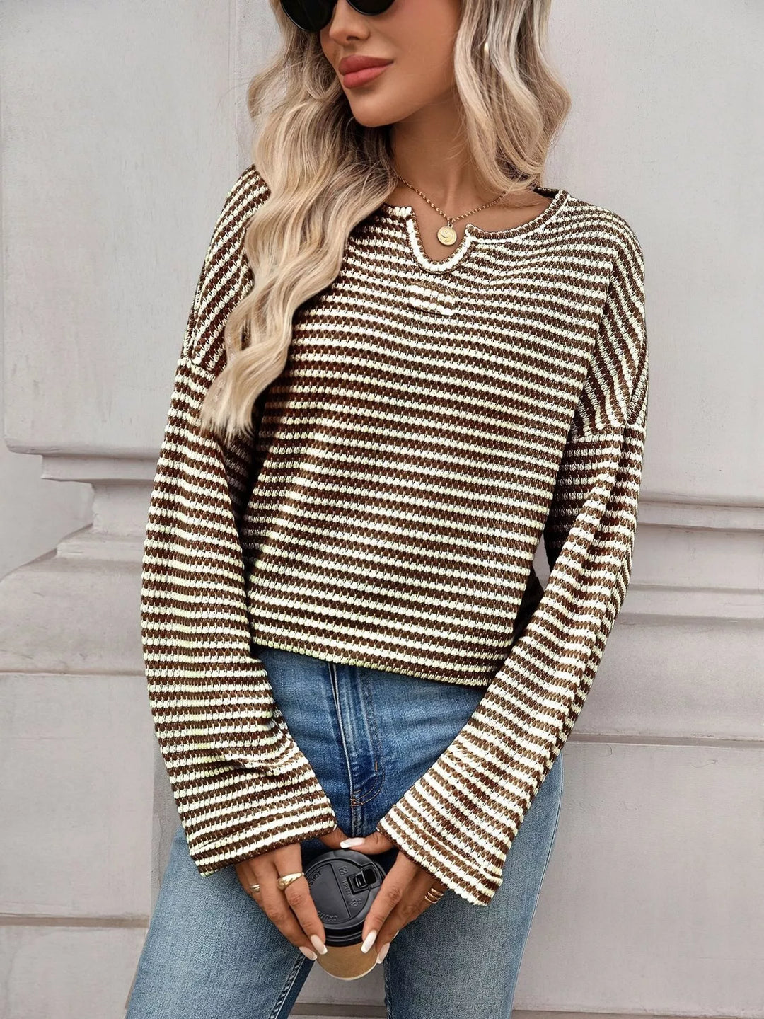 Striped waffle-knit notched neck long sleeve top
