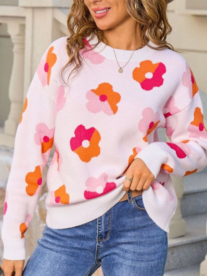 Retro floral crew neck knit pullover sweater