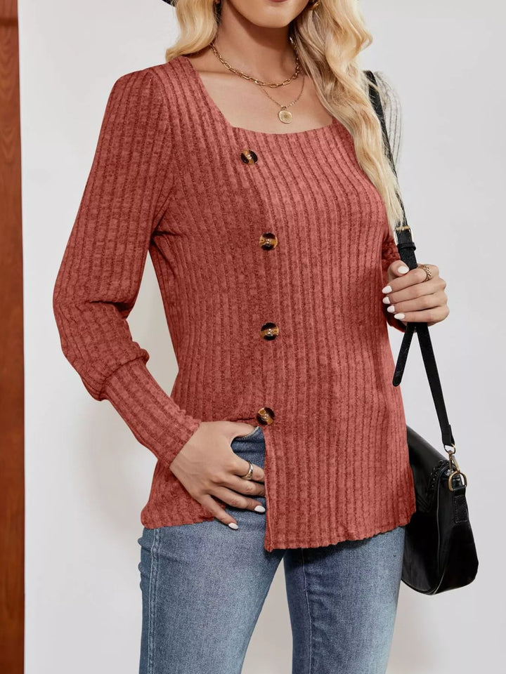 Ribbed knit square-neck top with button trim and side slit