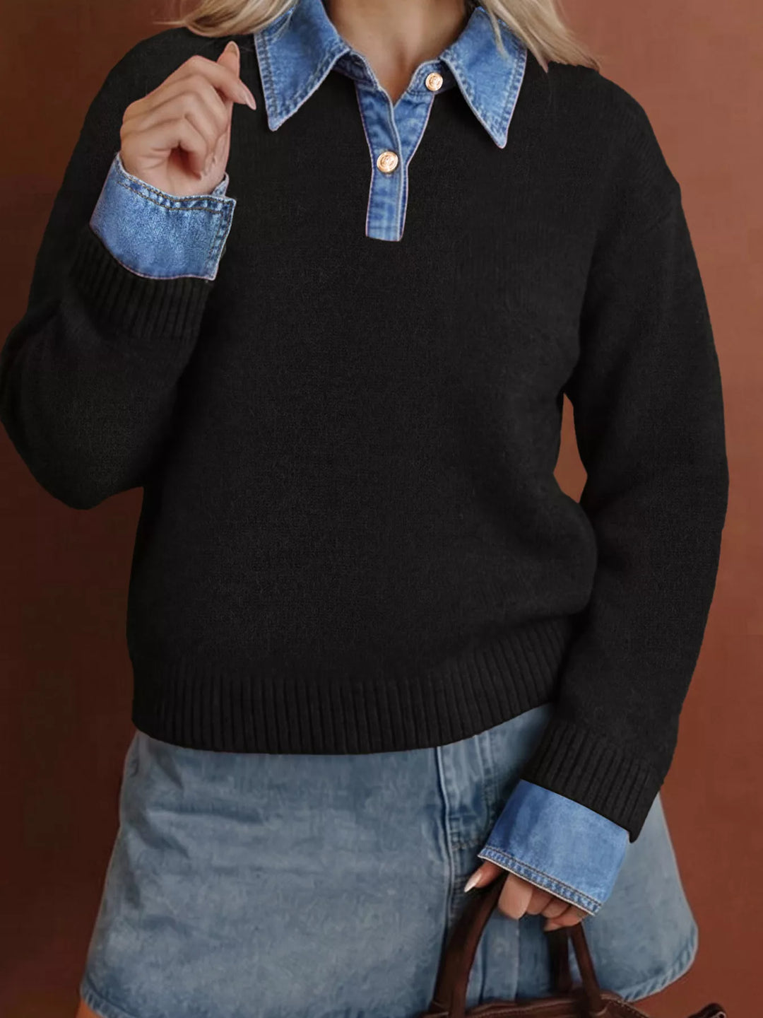 Denim collar knit sweater with button placket and cuffs