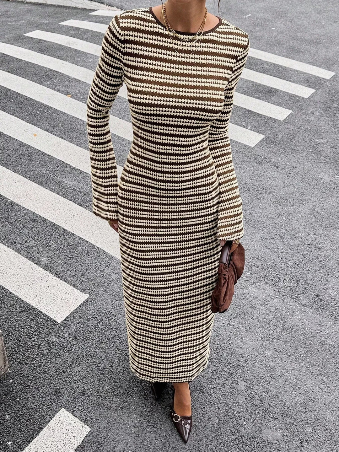 Brown Striped knit maxi sweater dress with flared sleeves