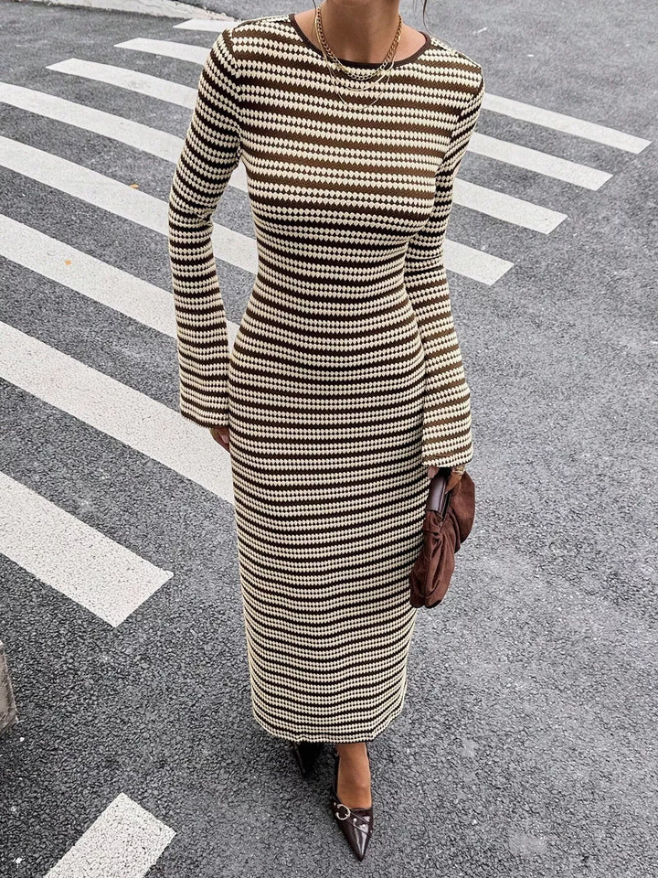 Brown Striped knit maxi sweater dress with flared sleeves