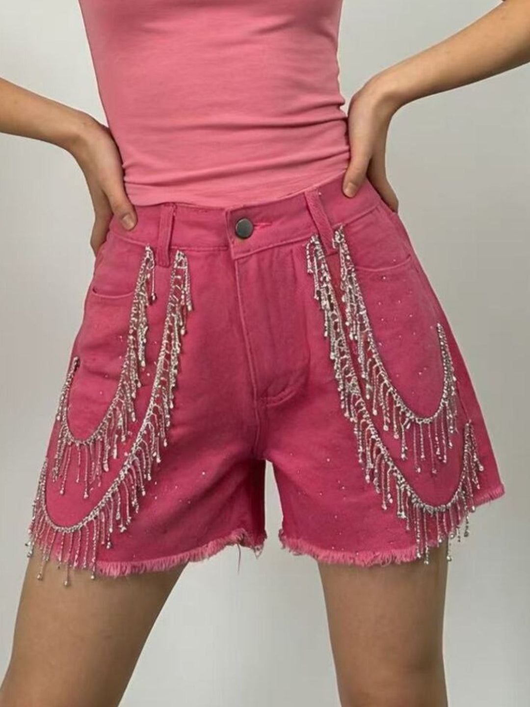 Rhinestone fringe high-rise raw hem denim shorts