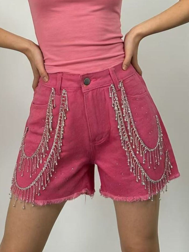 Rhinestone fringe high-rise raw hem denim shorts