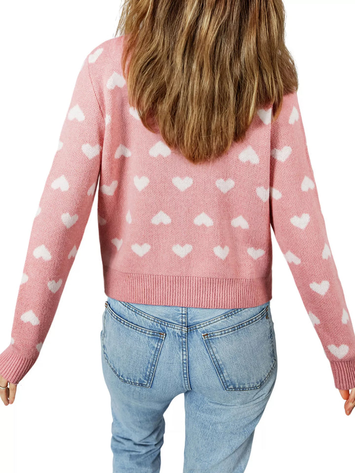 Heart pattern button-front knit cardigan with ribbed trim