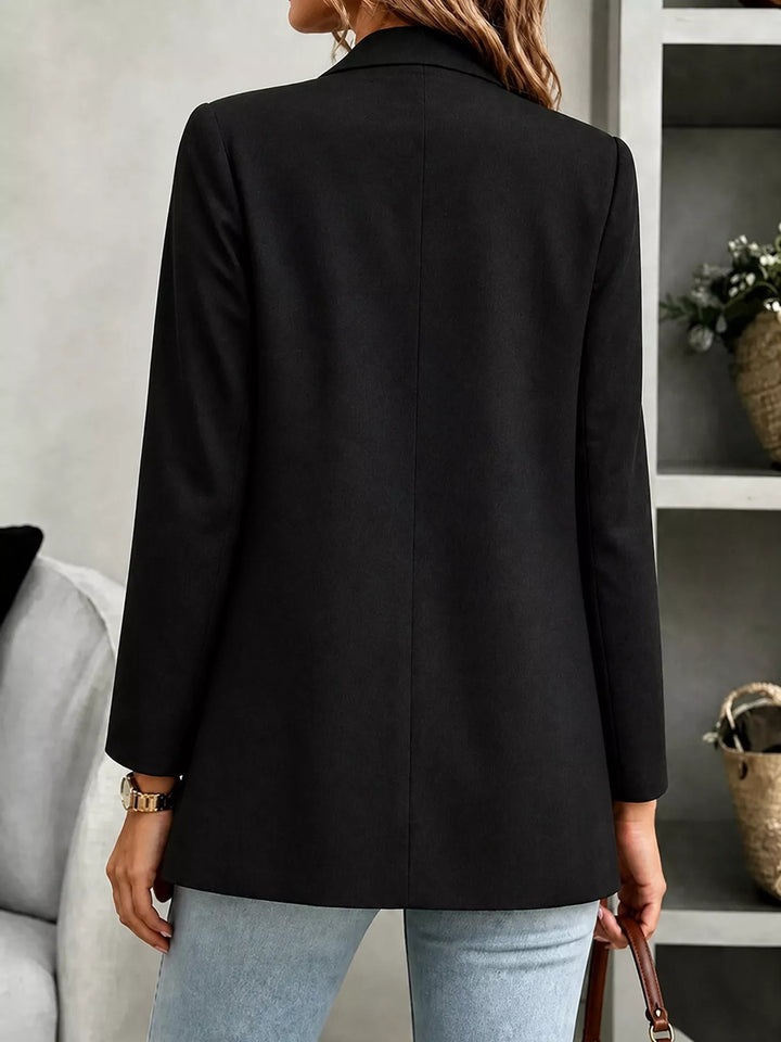 Open-front collarless longline blazer with long sleeves