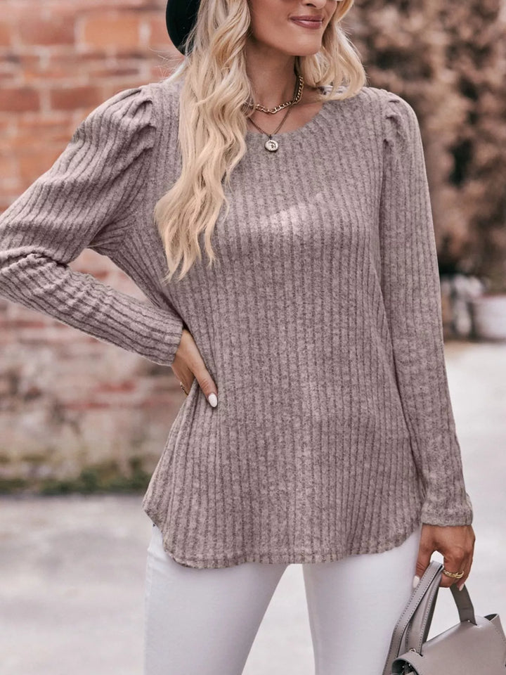 Mocha Ribbed knit long sleeve top with puff shoulders