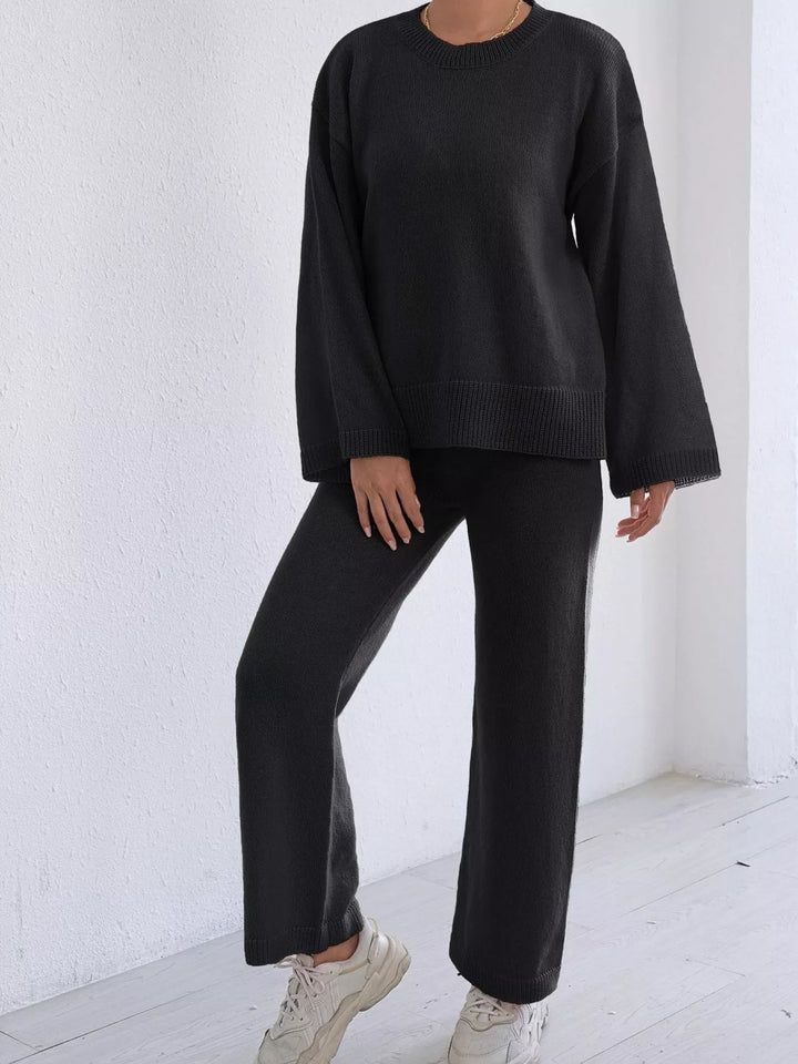 Drop shoulder knit sweater and wide leg pants set