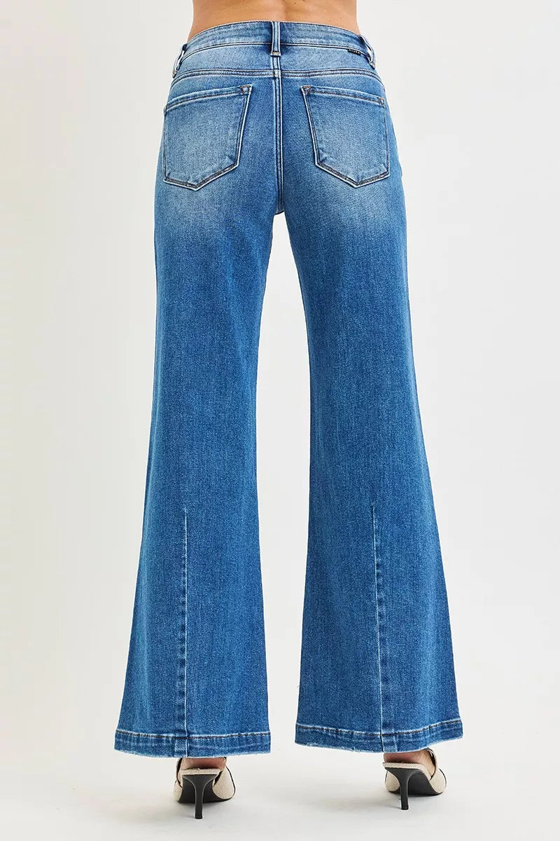 Mid-rise wide-leg flare jeans with center seam