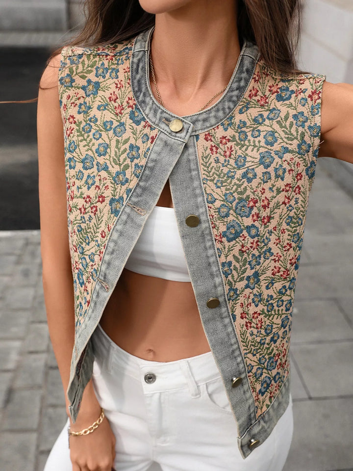 Floral Floral embroidered denim vest with button front