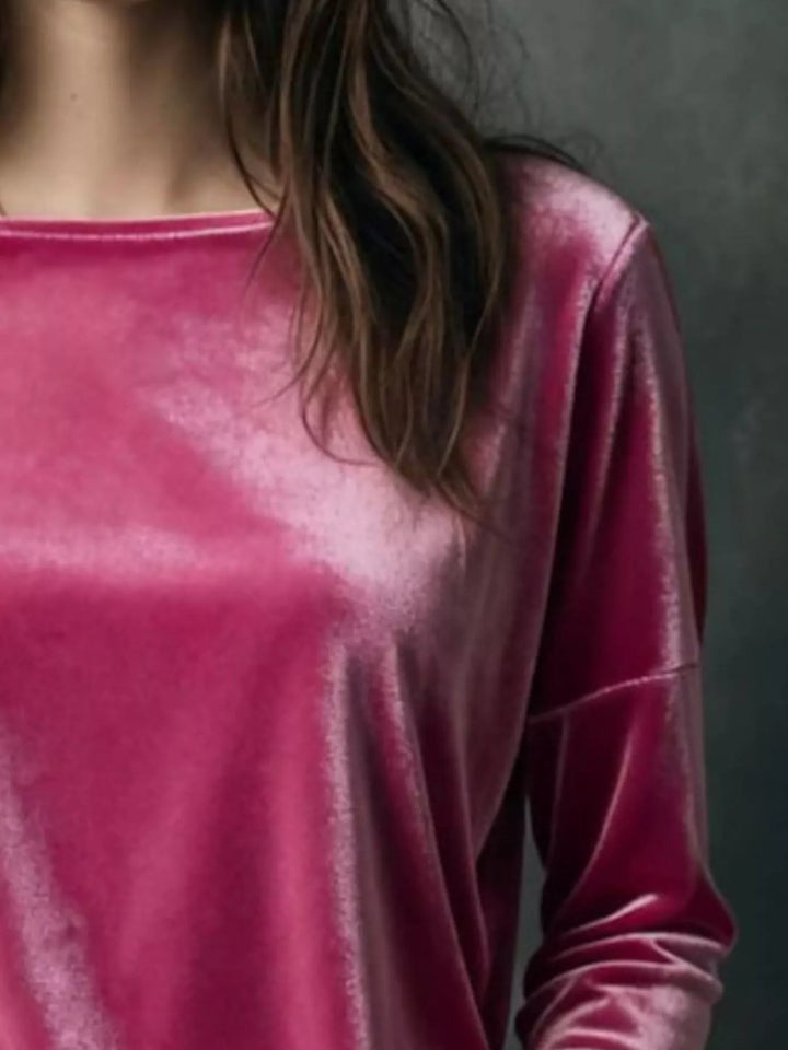Velvet long sleeve boat neck top with dropped shoulders