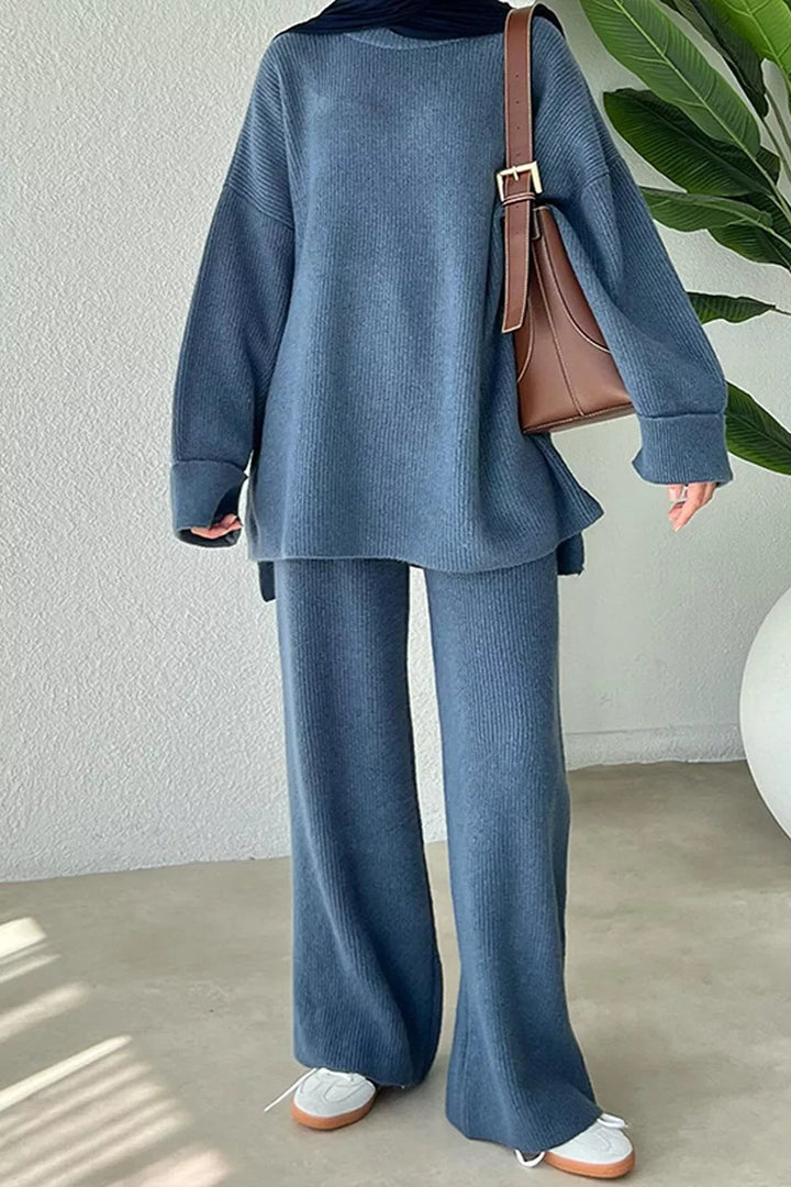 Dusty Blue Ribbed knit dropped shoulder sweater and wide leg pants set