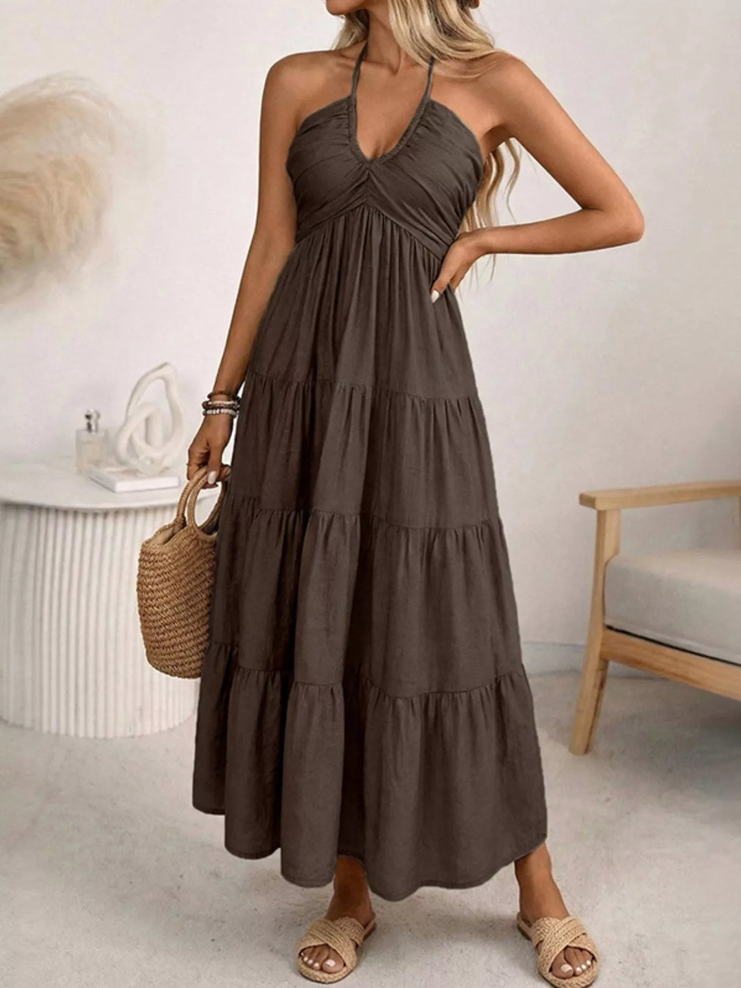 Dark Brown Halter neck tiered midi dress with smocked bodice
