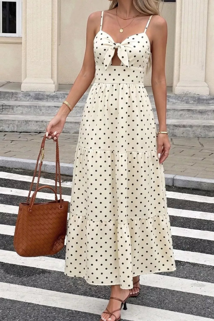 Polka dot tie-front cutout tiered maxi dress