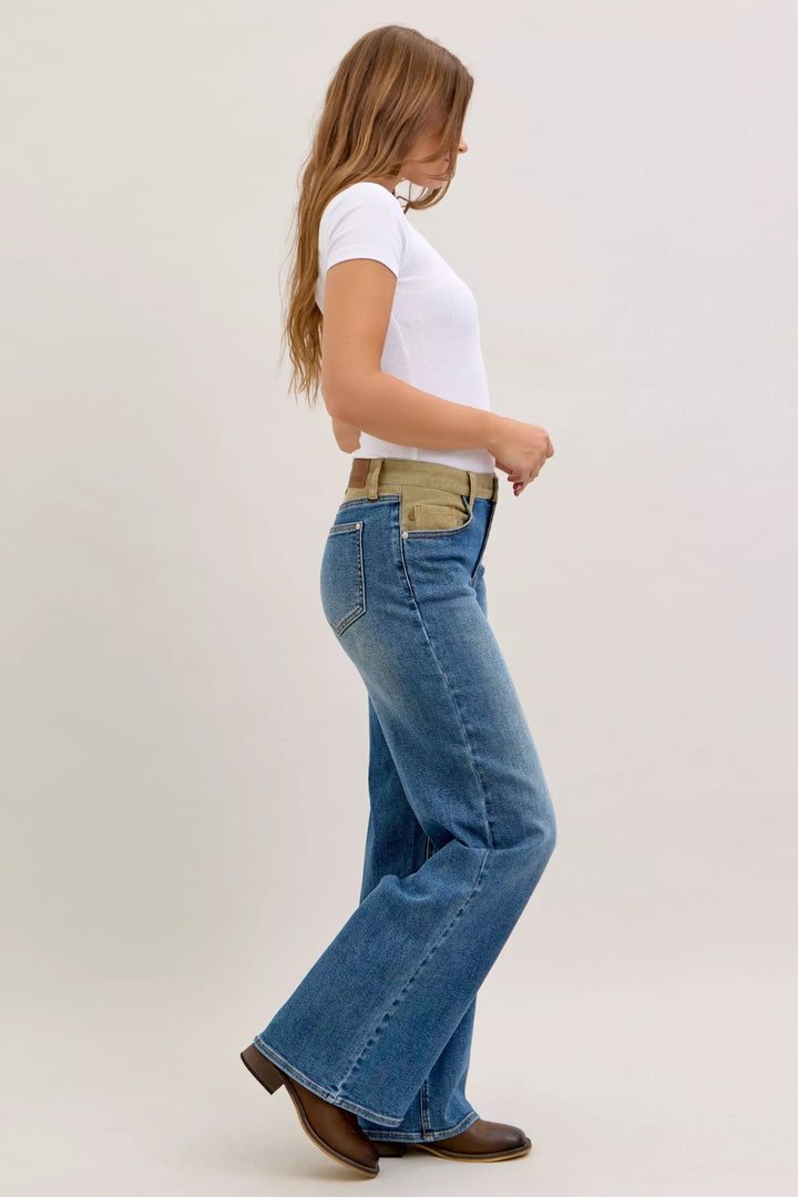 Mid-rise straight leg jeans with corduroy waistband