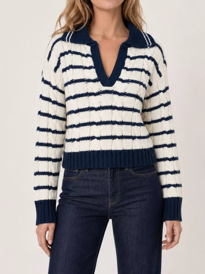 White Striped cable-knit johnny collar sweater with dropped shoulders