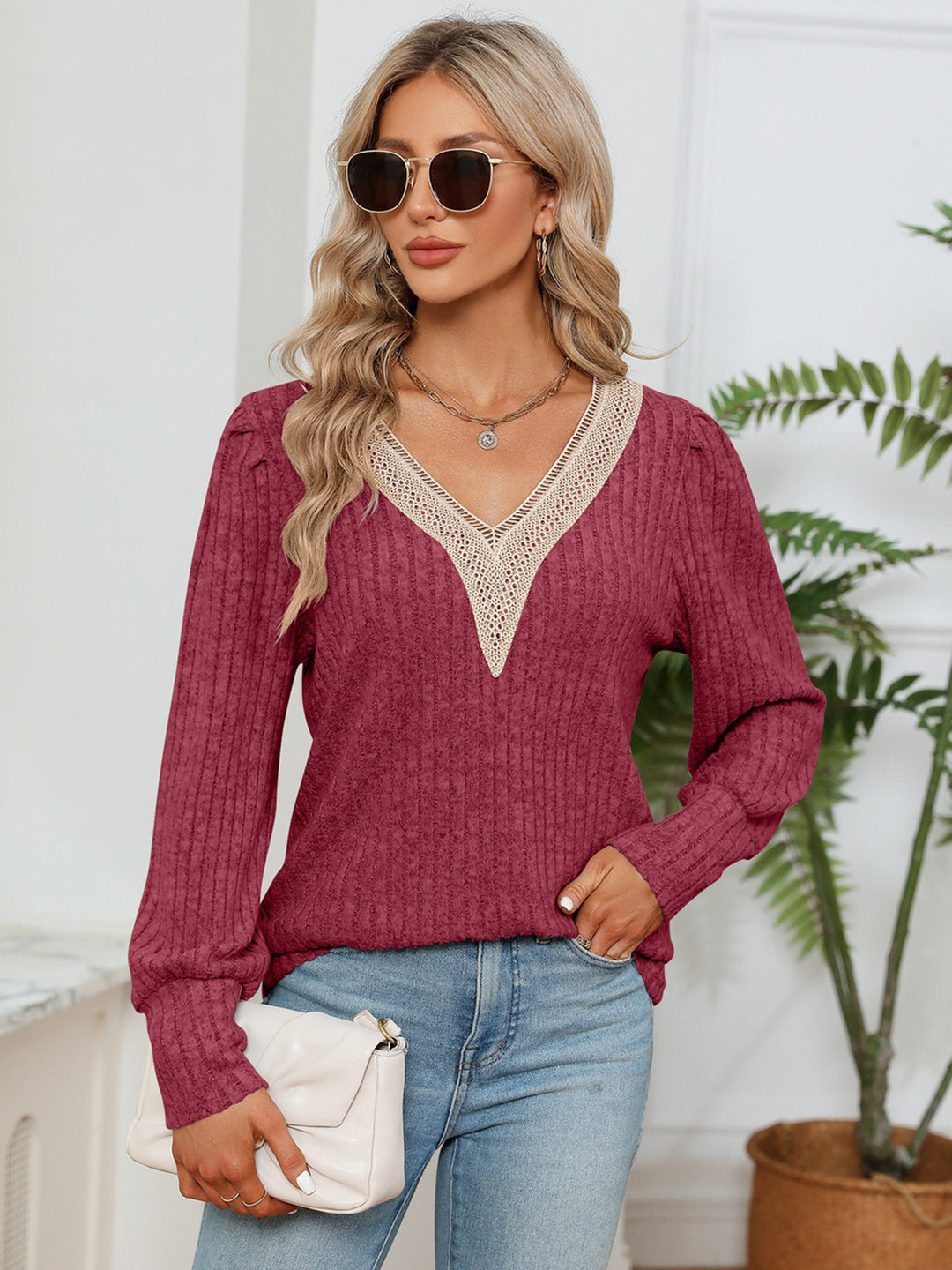 Brick Red Lace-trim V-neck ribbed knit long sleeve blouse