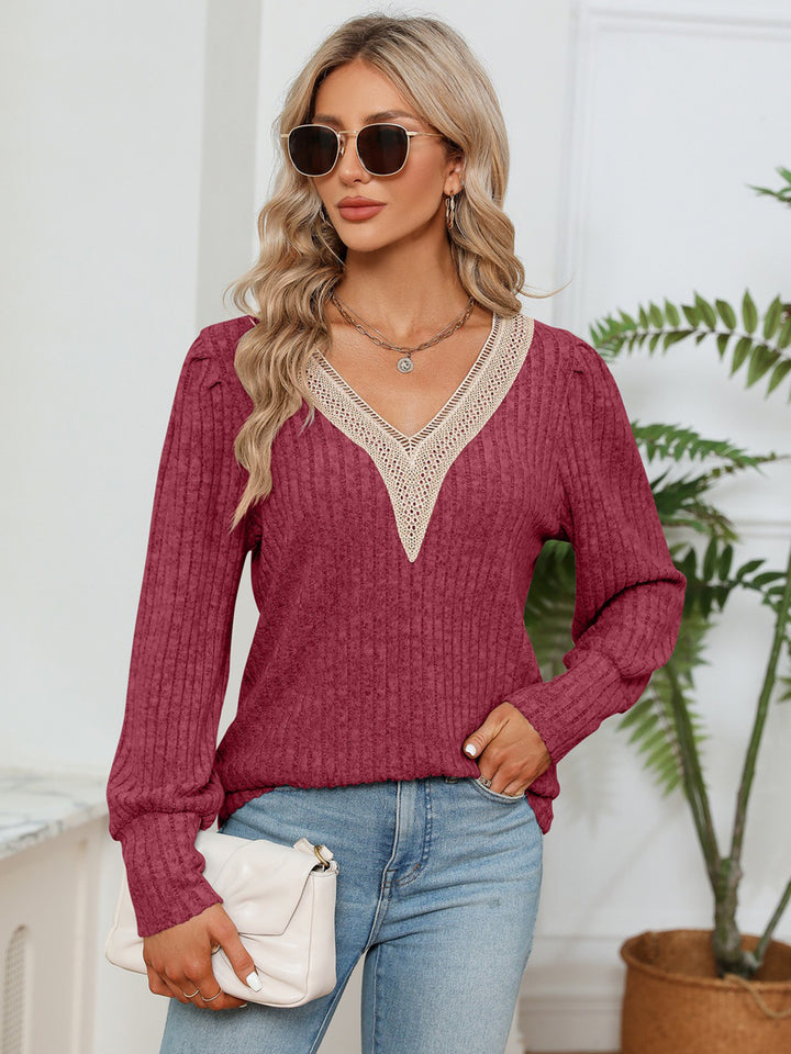 Brick Red Lace-trim V-neck ribbed knit long sleeve blouse