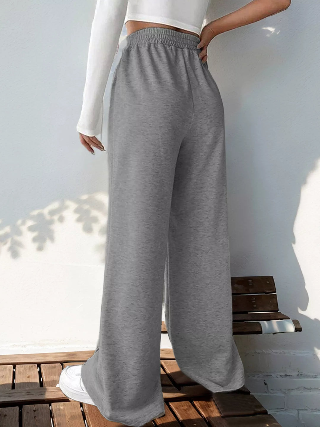 High waist wide leg pull-on pants with V-notch waistband