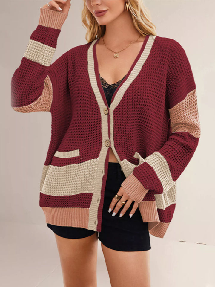 Red Color block waffle knit button-front V-neck cardigan
