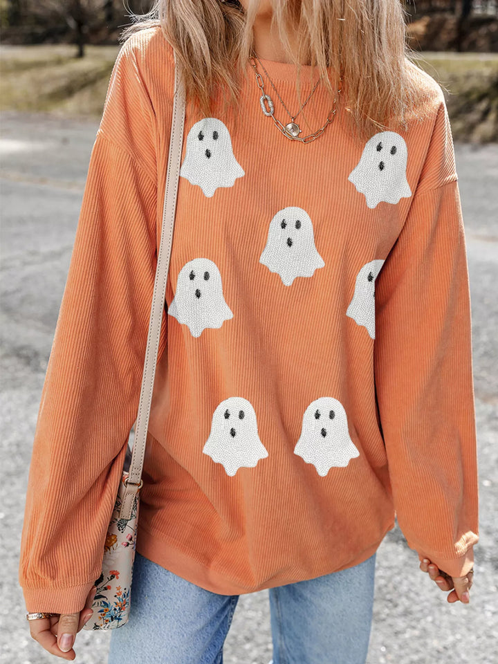 Sequin ghost patch ribbed crewneck sweatshirt