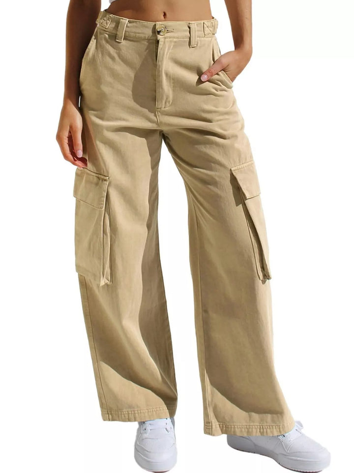 Khaki High-rise wide-leg cargo jeans with flap pockets