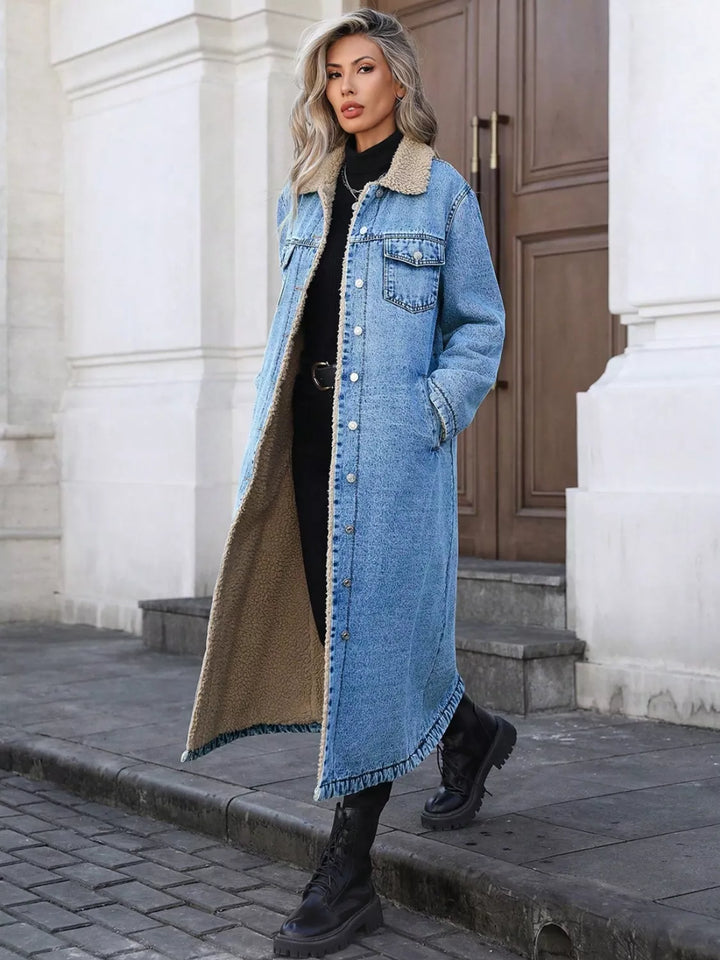Sherpa-lined longline button-front denim jacket