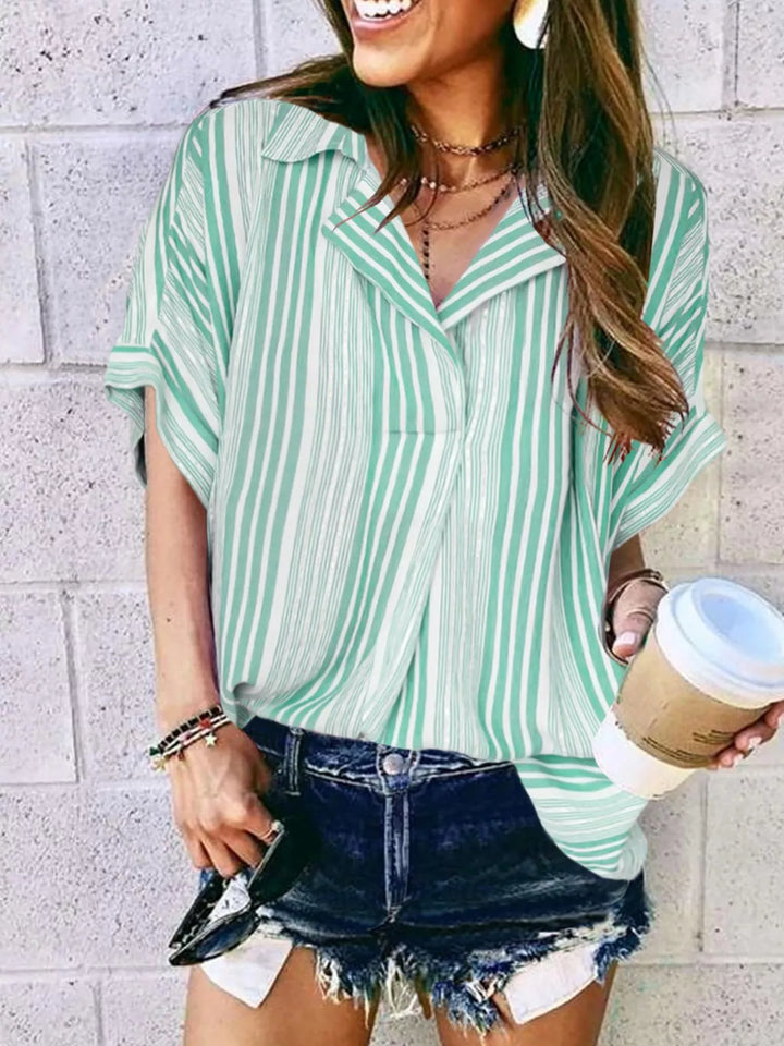 Green Stripe Collared half-sleeve button-front printed shirt