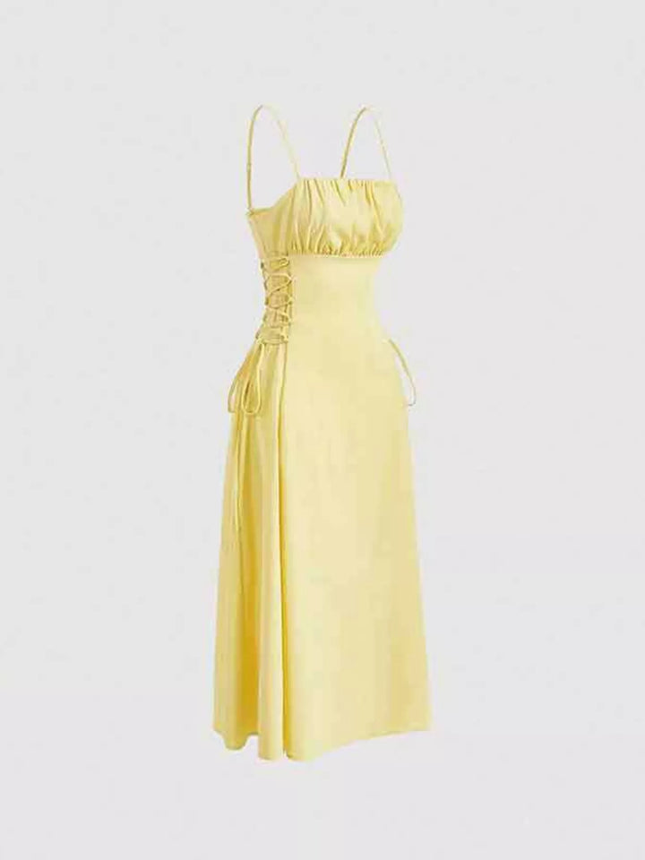 Lace-up side A-line midi dress with ruched bodice