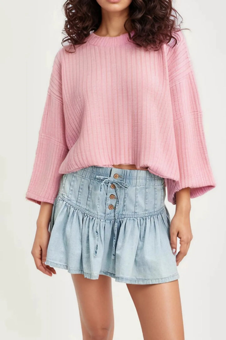 Light Blue Button-front ruffled mini denim skirt with drawstring waist