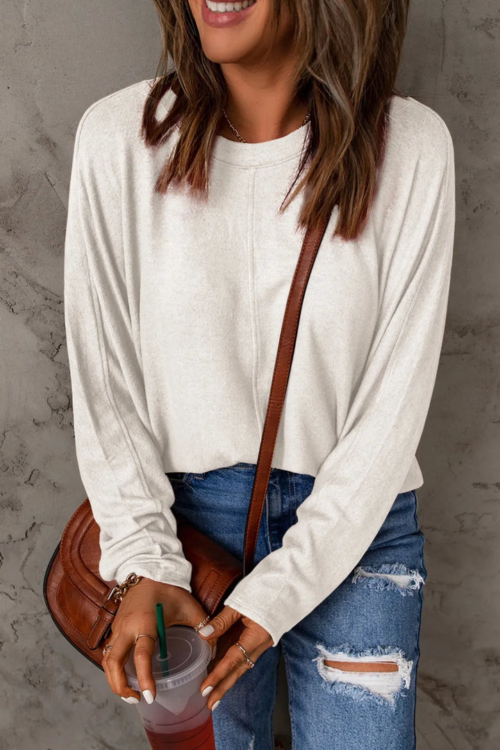 White Relaxed drop-shoulder round neck long sleeve top