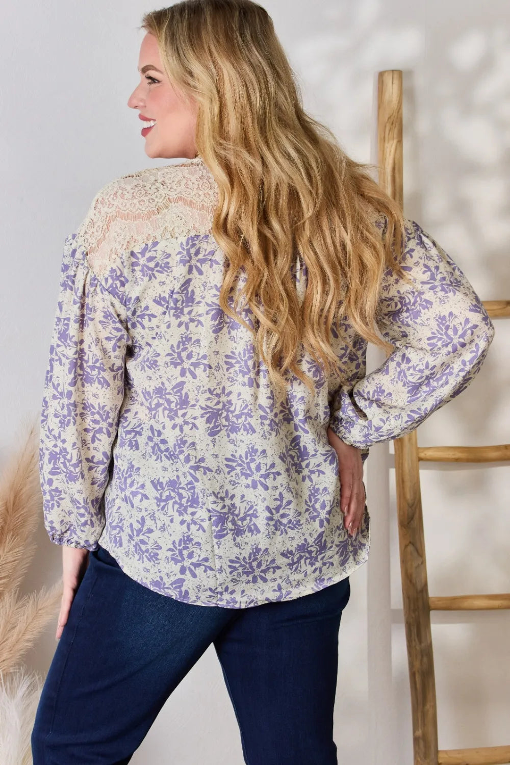 Floral print blouse with lace yoke and balloon sleeves