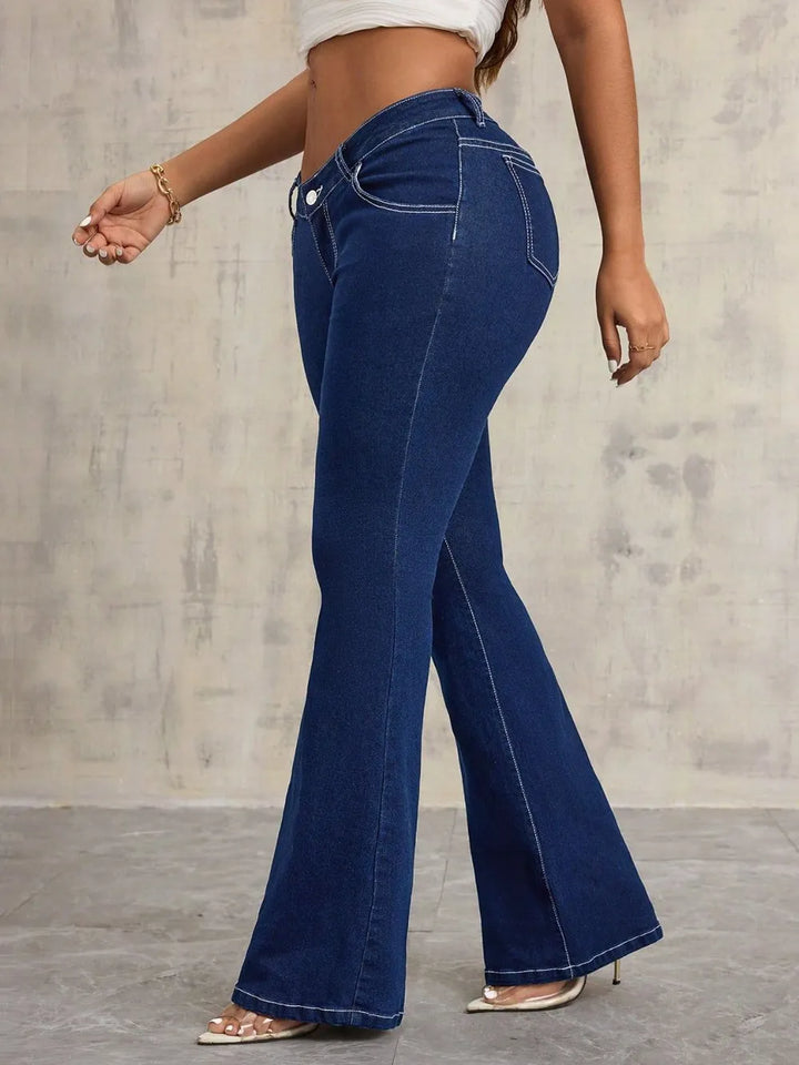 V-notch waist flare jeans with contrast stitching