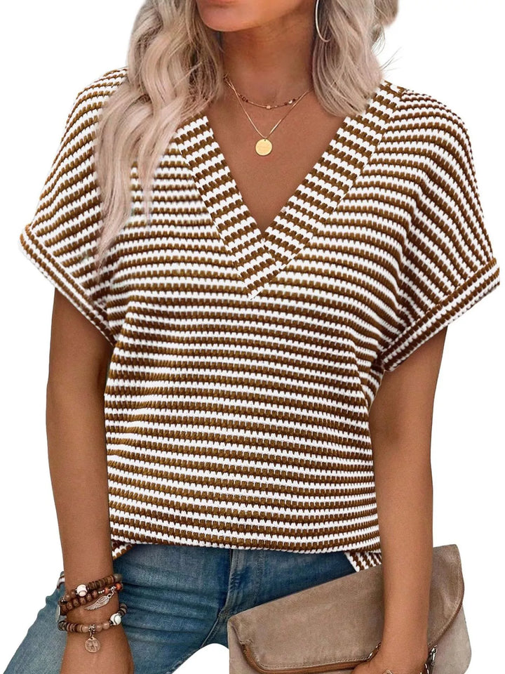 Red Striped V-neck relaxed short sleeve knit top