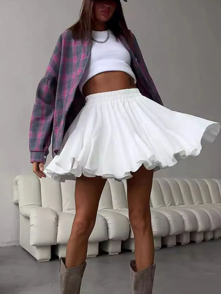 Ruffled hem flare mini skirt with elastic waist