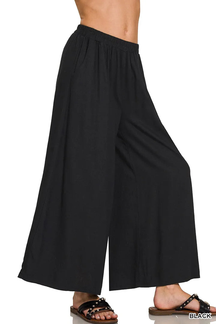 Pleated wide leg linen blend pants with drawstring waist