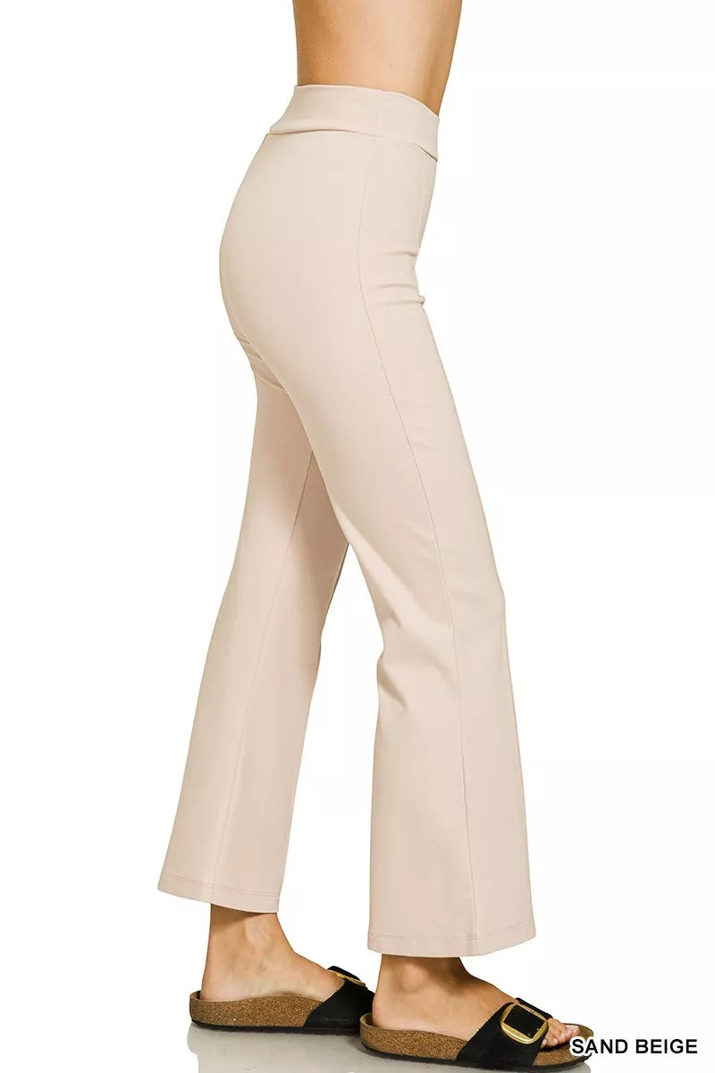 Pintuck front ponte flare pants with elastic waistband