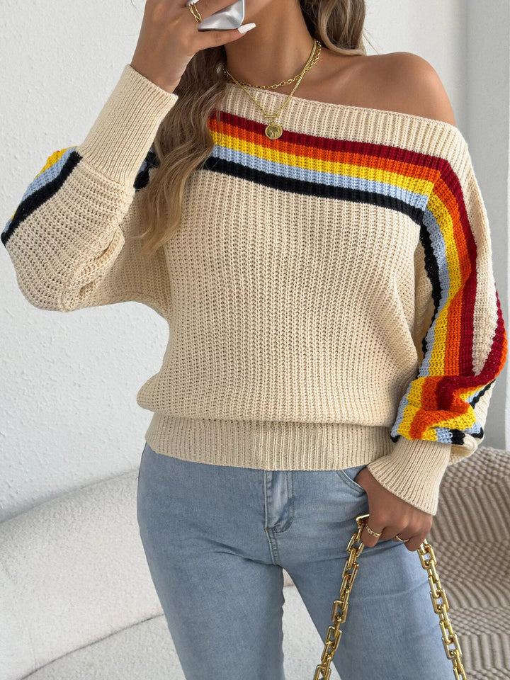 Rainbow stripe ribbed knit boat neck sweater