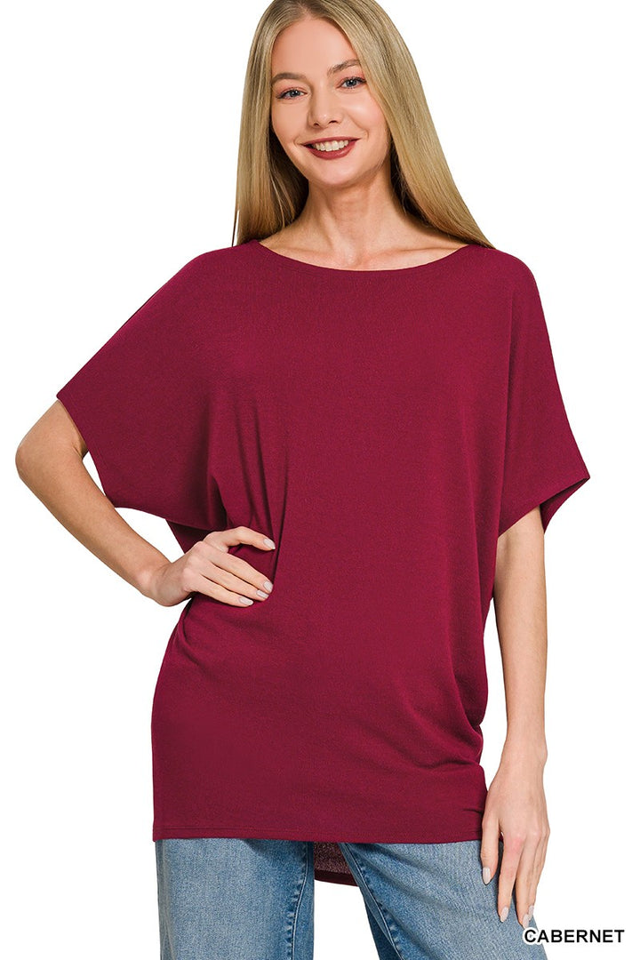 CABERNET Dolman sleeve boat neck hacci knit top
