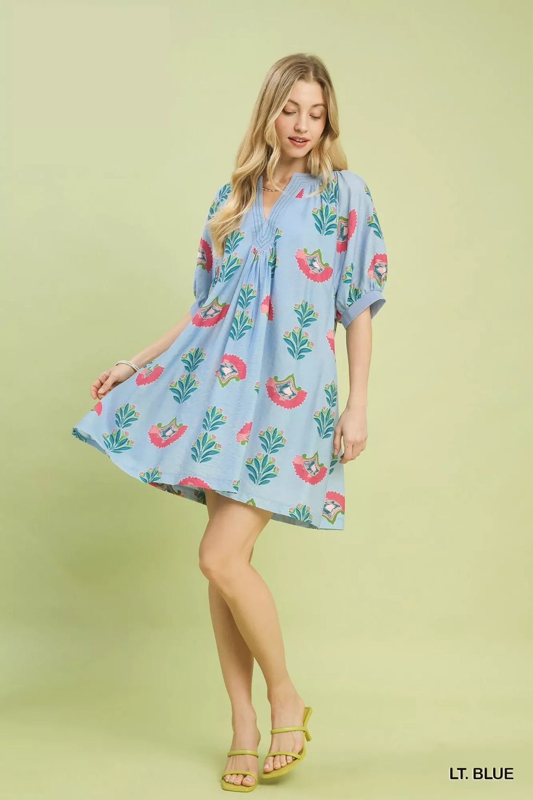 Floral block print V-neck mini dress with puff sleeves