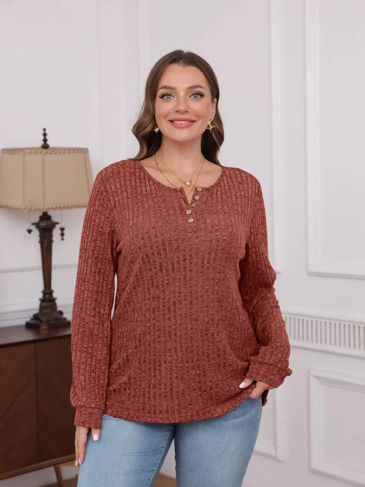 Ribbed knit button henley long sleeve top