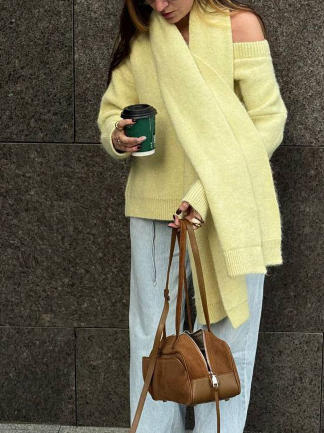 Oversized dropped-shoulder knit sweater with scarf