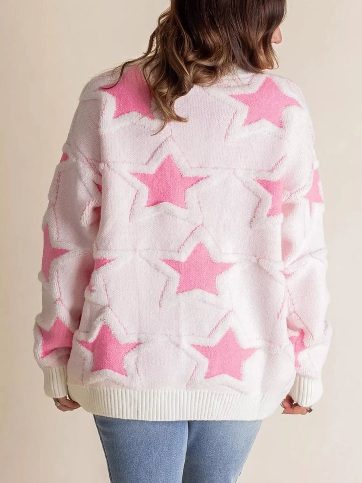 Oversized star knit sweater with drop shoulders and ribbed trim