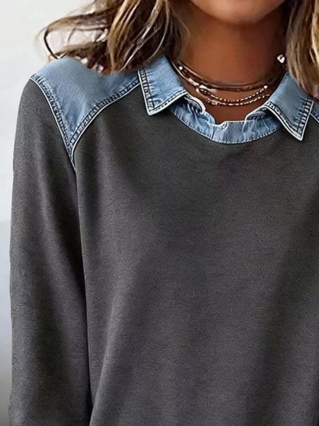 Denim-trim long sleeve crew neck pullover top