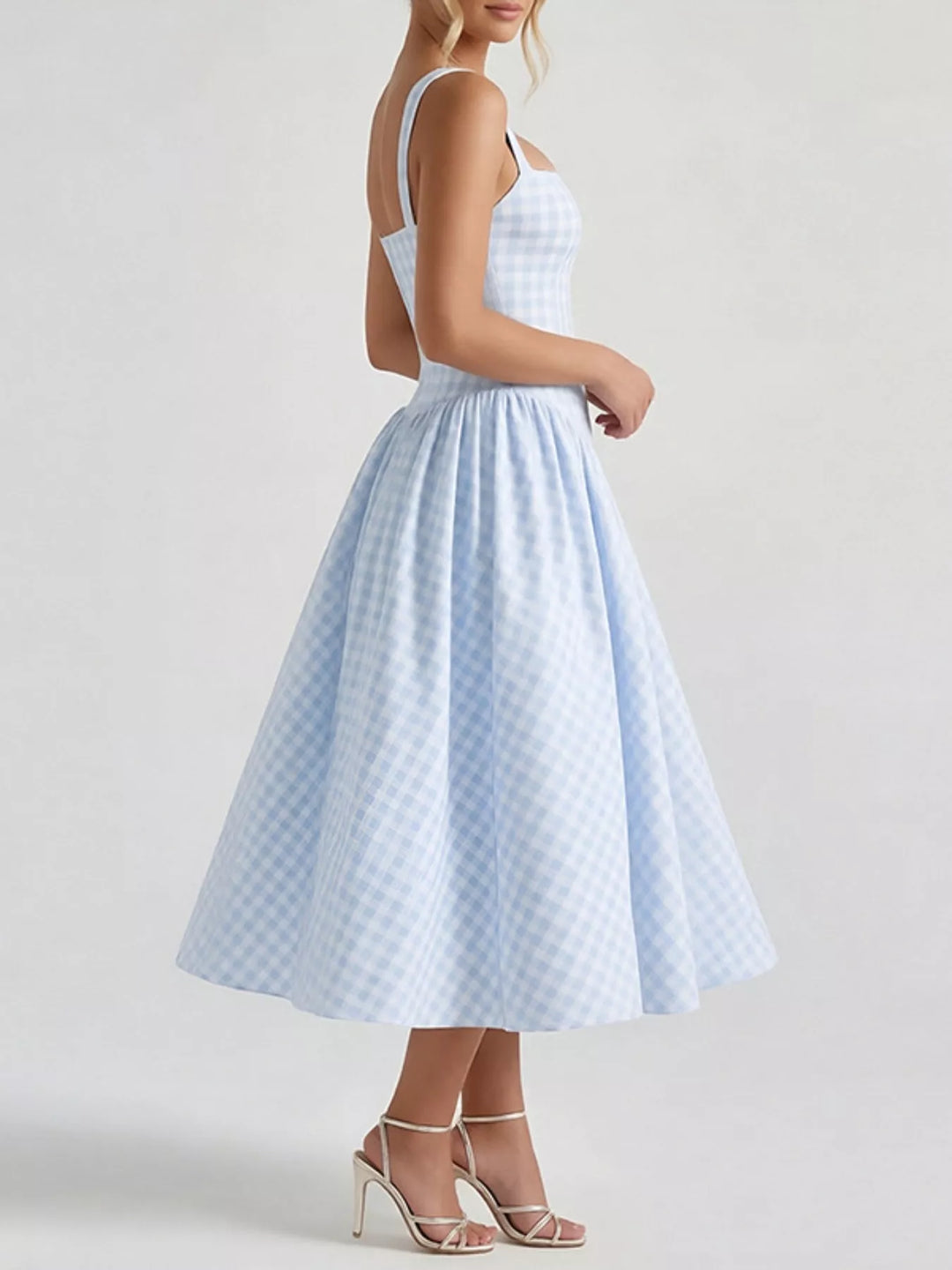 Plaid square-neck sleeveless fit-and-flare midi dress