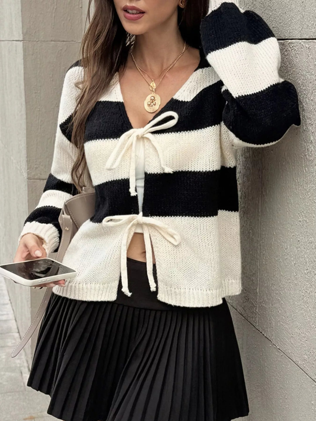 Striped tie-front knit cardigan with V-neck