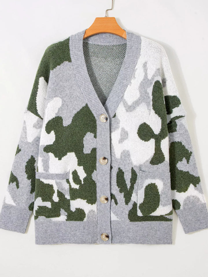 Camo knit drop shoulder cardigan with button front and pockets