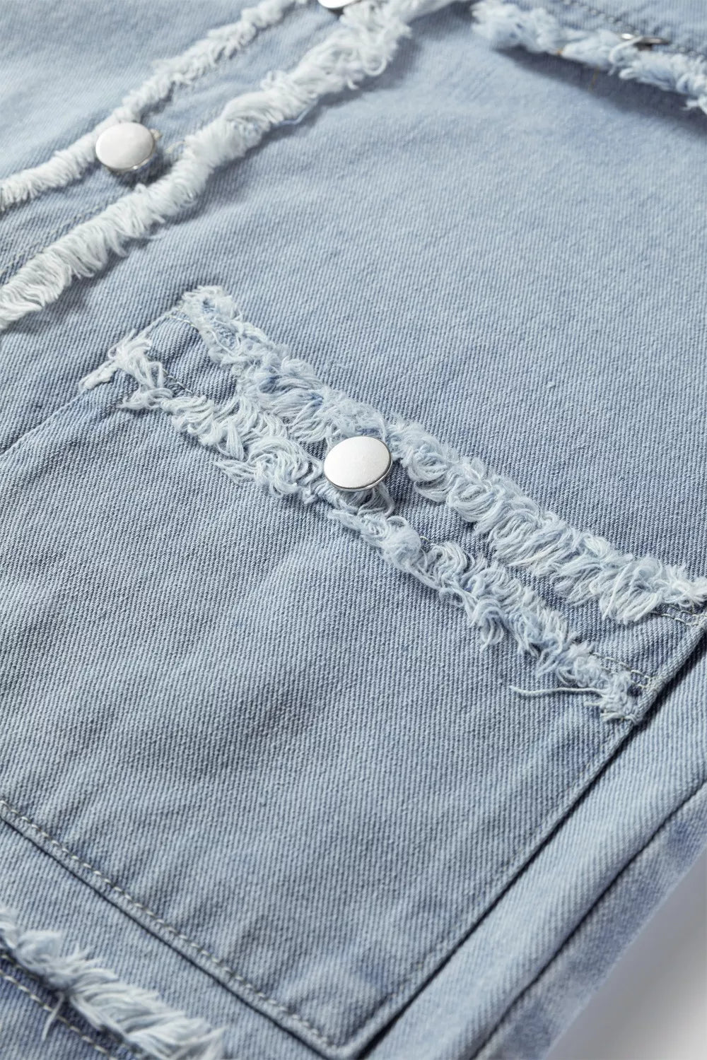 Frayed edge denim vest with snap flap pockets