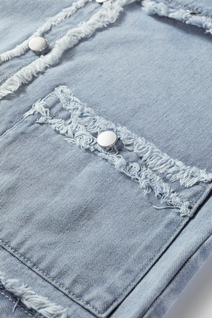 Frayed edge denim vest with snap flap pockets